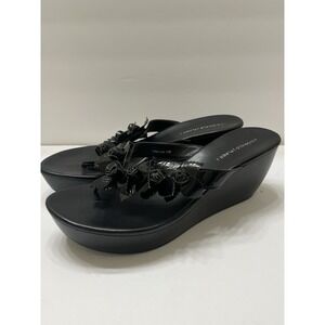 Donald J Pilner Ciss Floral Embellished Print Wedge Sandal Black Women's 10M